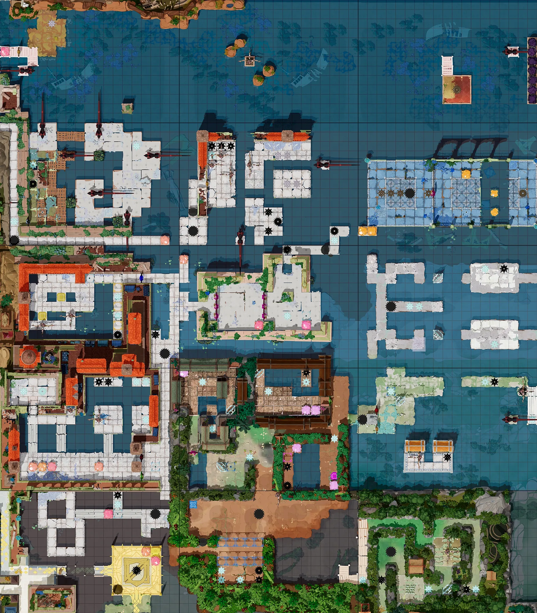 Map of Heroes and Water with every puzzle entrance numbered