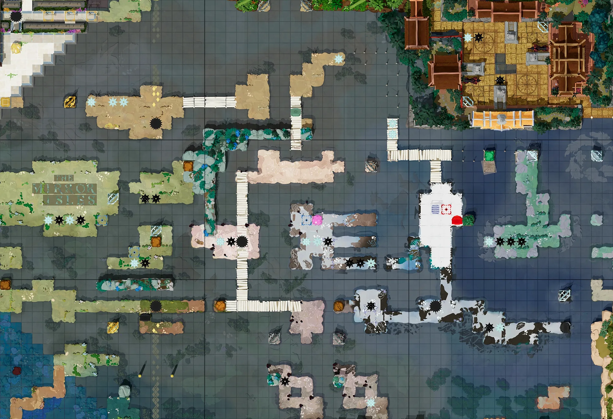 Map of The Mirror Isles with every puzzle entrance numbered